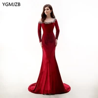 burgundy velvet long mermaid evening dress 2018 with long sleeves sheer neck beaded formal party dress prom gown