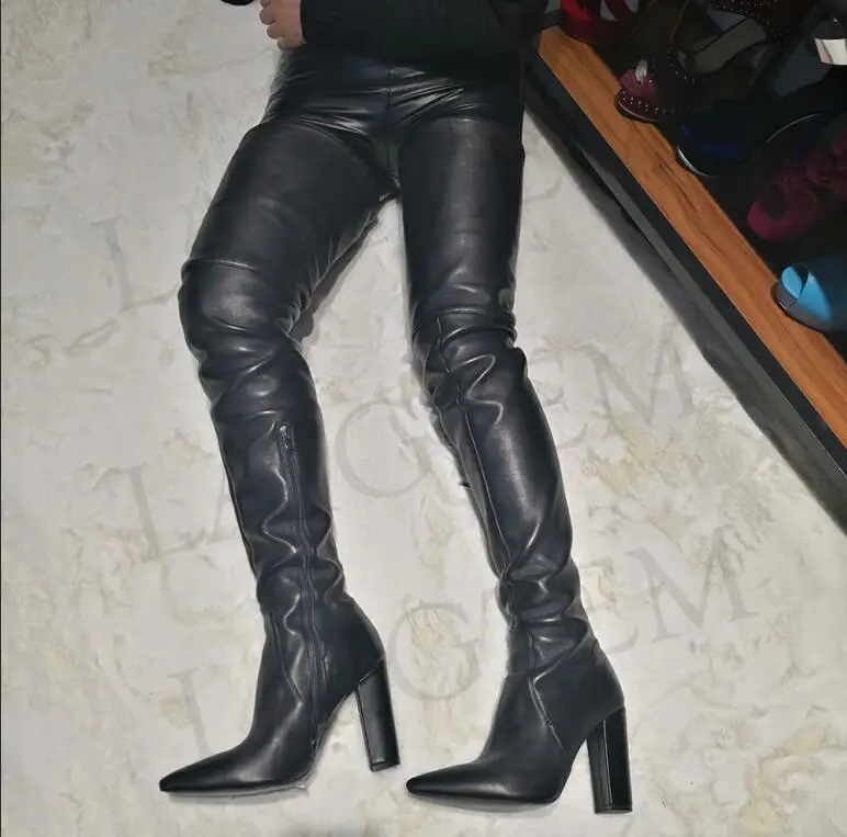 LGZ91 Black LAIGZEM/Модные женские облегающие высокие сапоги на толстом массивном каблуке с острым носком ботинки на молнии; Botines bottes femme Mujer; большие размеры 4-14 - Цвет: LGZ91 Black