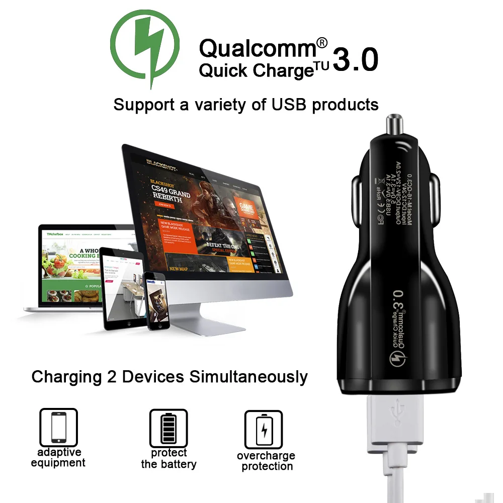 Автомобильное зарядное устройство USB Quick Charge 3 0 для мобильного телефона 2 порта