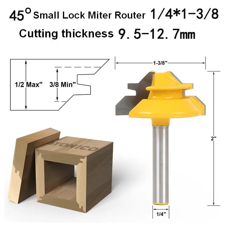 

Free Shipping 1PC Small Lock Miter Router Bit Anti-kickback 45 Degree 1/2 Inch Stock 1/4 Inch Shank Tenon Cutter