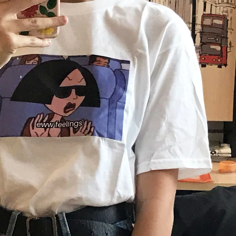 Eww Feelings Summer Spoof Letter Print Women Short Sleeve Casual Big Size Tees tops Loose Harajuku Ulzzang Cartoon Fun T-Shirt