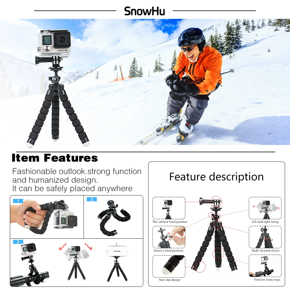 SnowHu для Gopro hero 4 3 + Водонепроницаемый чехол монопод сумка переноски gopro набор
