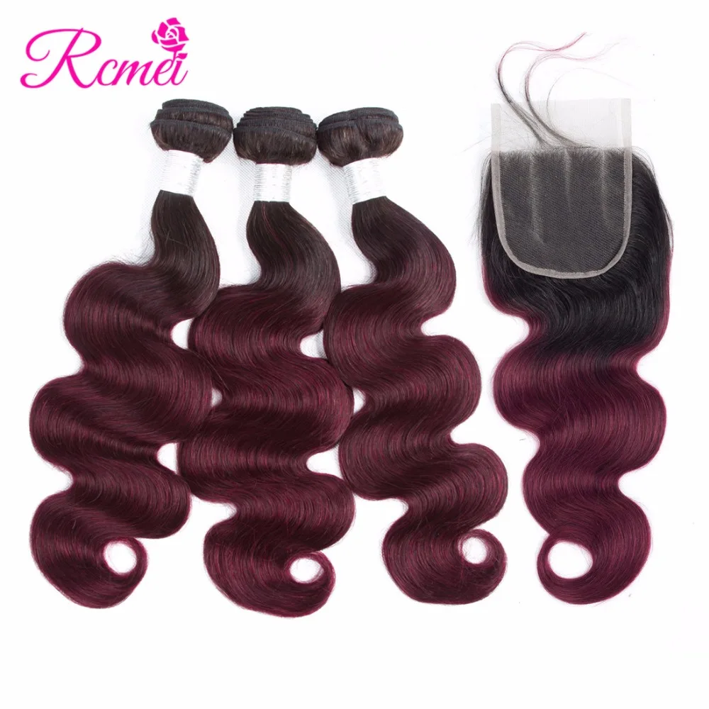 Ombre Bundles With Closure 1B/99j Colored Brazilian Body Wave Dyed Bundle 4PCS Deal Wine Red 2 Tone Human Hair Weav |