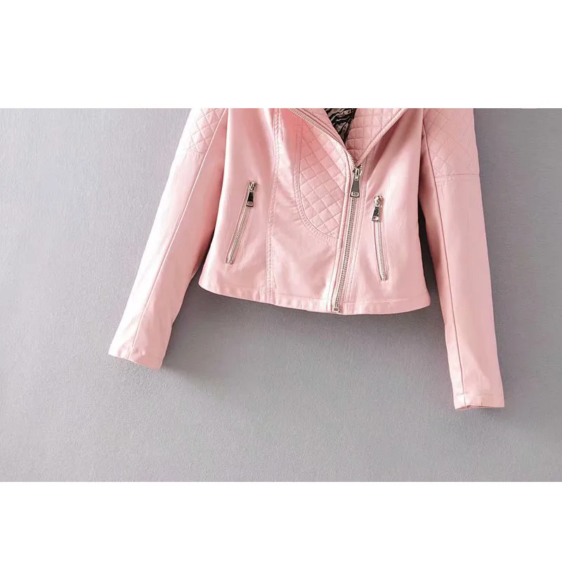 

Elegant women's 2018 winter new wild slim slimming solid color zipper jacket short PU leather coat jacket Pink black female