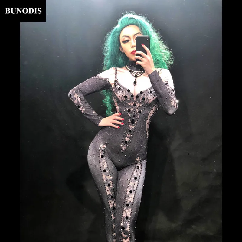 ZD199 Women Sexy Jumpsuit 3D Print Flowers Black Diamond Bodysuit Nightclub Party Stage Wear Costumes Dancer Singer Clothing