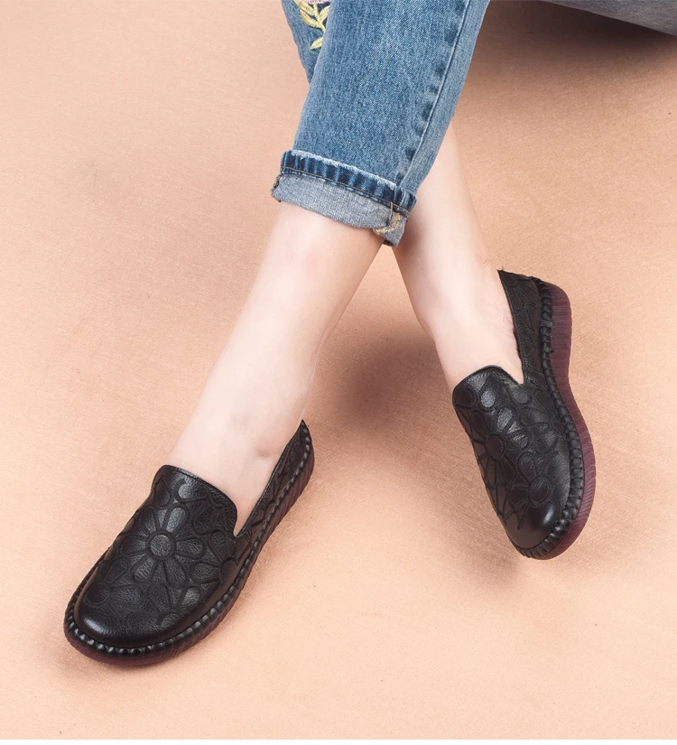 GKTINOO Casual Genuine Leather Flat Shoe Flower Slip On Driving Shoe Female Moccasins Embroider Flats Lady Pregnant Women Shoes