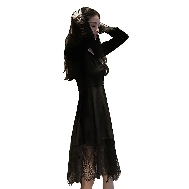 Осеннее кружевное платье для женщин 2018 Новинка с длинным рукавом бархатное