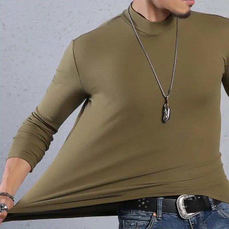 army green Мужская футболка, футболки с длинным рукавом, Термофутболка с высоким воротником, модные повседневные мужские топы, облегающие футболки, одежда 6XL - Цвет: army green