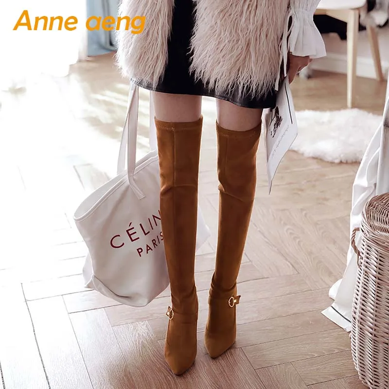 Новинка 2018 зимние женские ботфорты на высоком тонком каблуке с острым носком