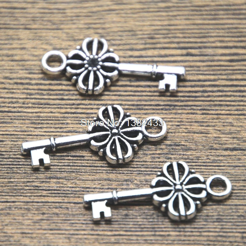 15 шт.-подвески для ключей, антикварийный тибетский серебряный кулон с красивыми филигранными цветами и ключами 14x30 мм