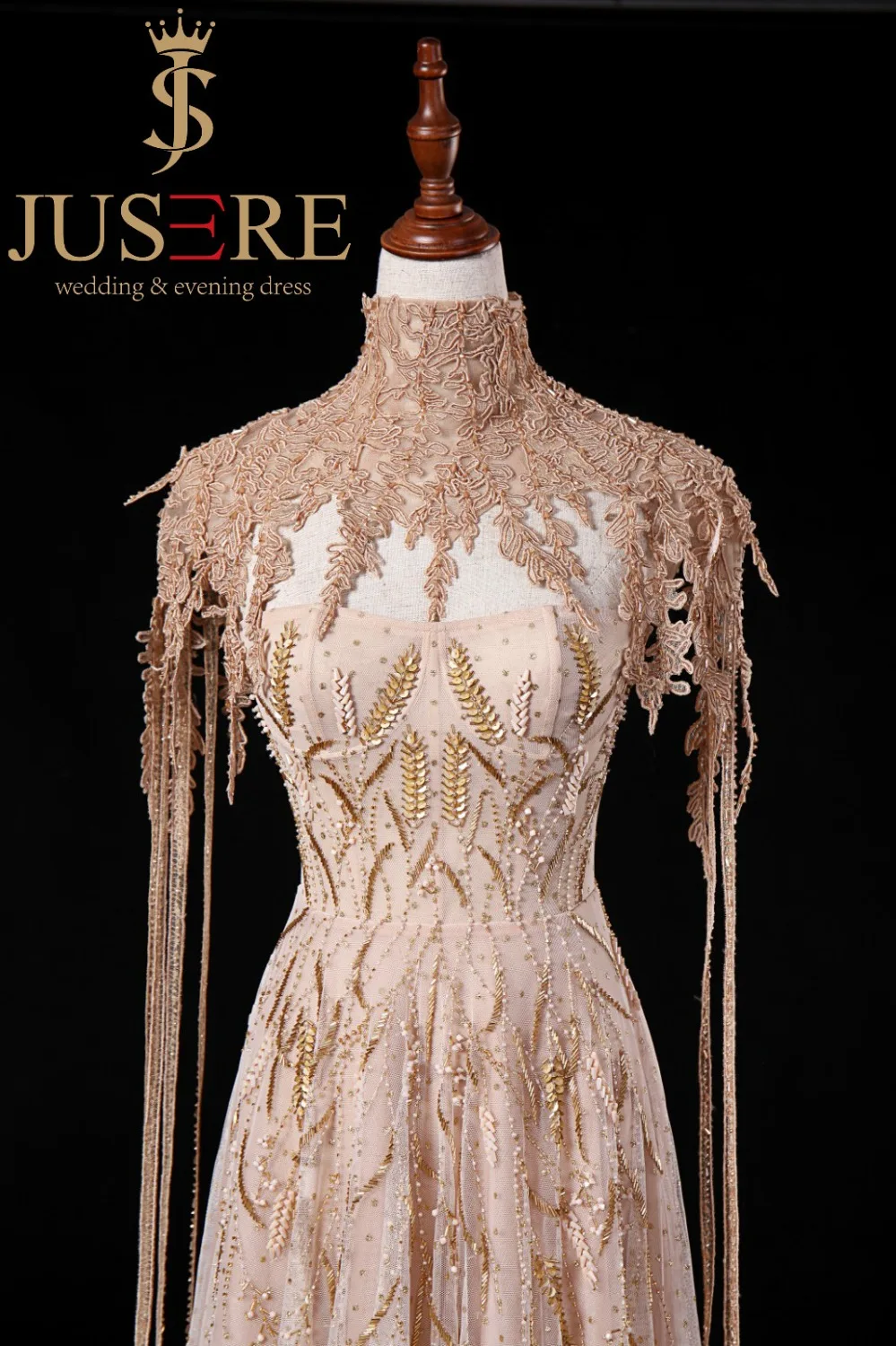 JUSERE FASHION SHOW Hight Collar Cap Sleeve Long Evening Dress Formal Party Gowns Vestido de festa longo Robe De Soiree