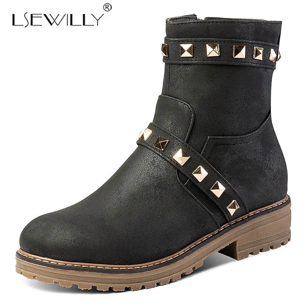 

Lsewilly Fashion Rivet Punk Ankle Boots for Women Western Retro Booties Round Toe Thick Heel Boots Black Woman Winter Boots K82