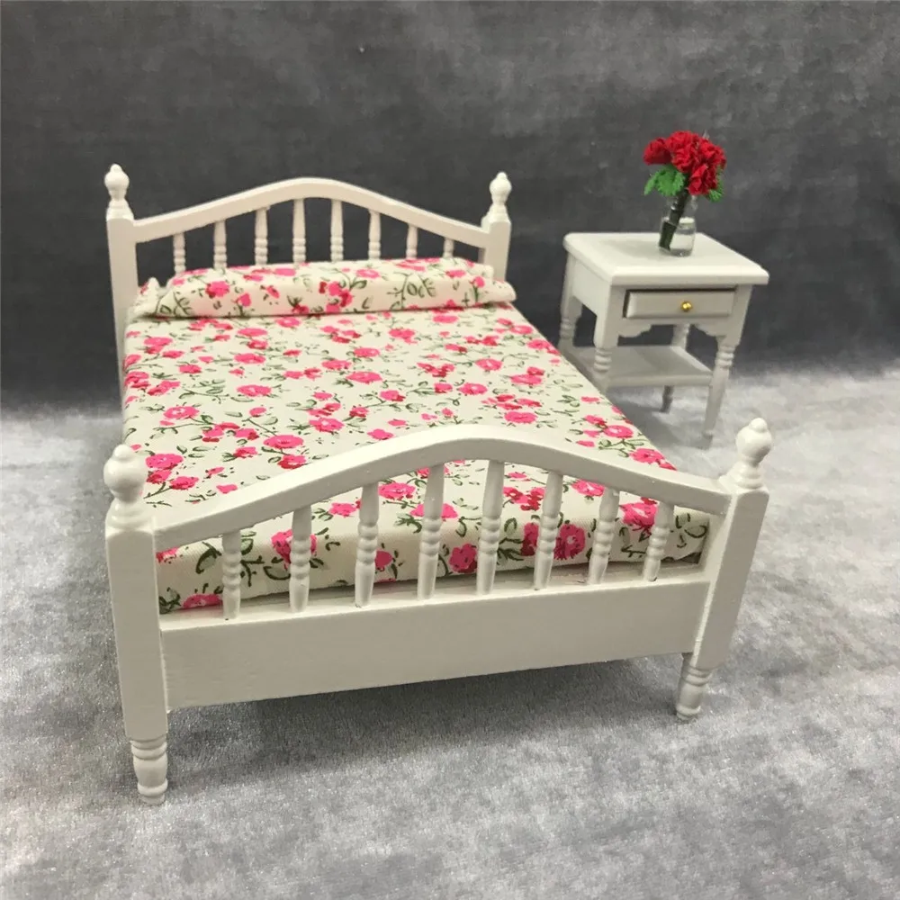 

1:12 Dollhouse Miniature white bed bedside table for dolls Wooden Furniture toy pretend play toys for children girls gifts