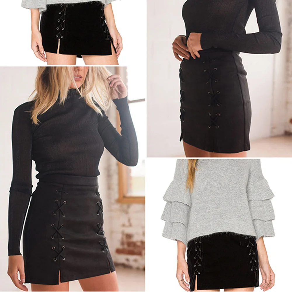 Весенняя замшевая юбка карандаш на шнурках зимняя женская облегающая с высокой