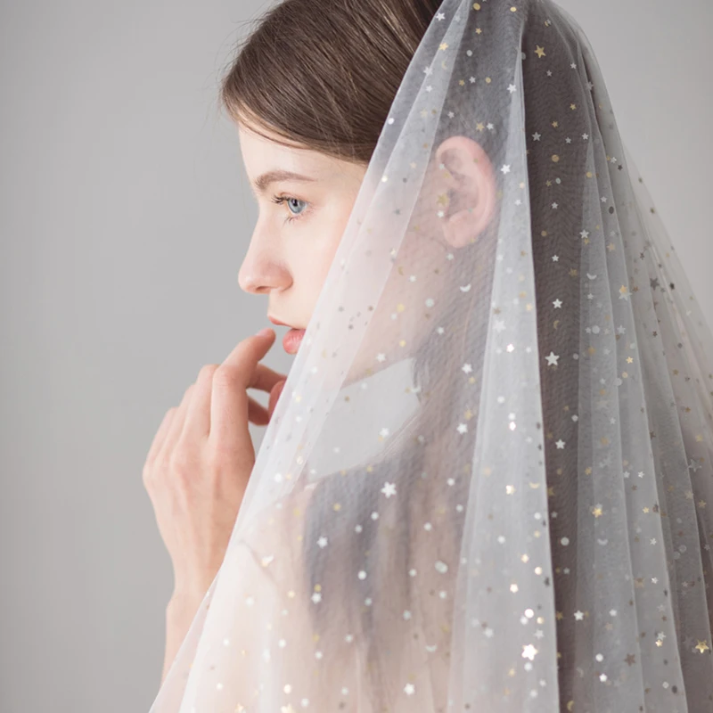 Вуаль de Mariage с кромкой цвета слоновой кости белая свадебная вуаль со звездами