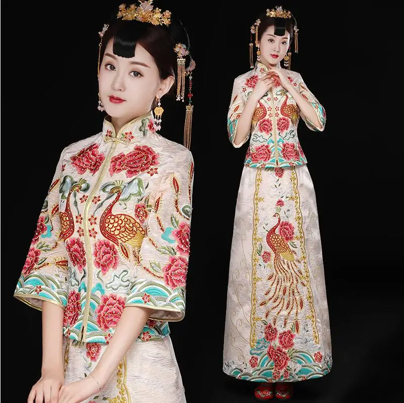 Высокое качество ручной работы Розовый Бежевый Cheongsam свадебное платье для