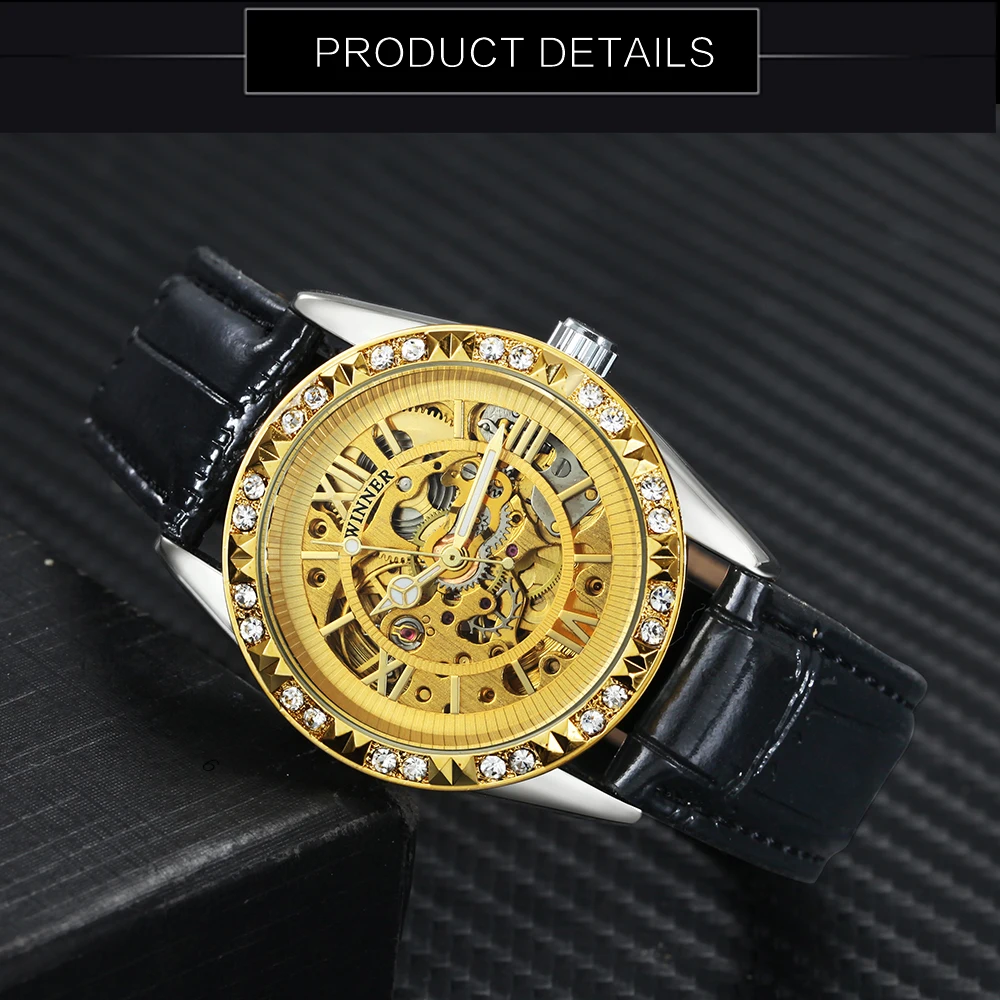 T-WINNER Women Luxury Automatic Mechanical Watch Leather Strap Roman Number Skeleton Dial Crystal Decoration Bezel Design + BOX | Наручные