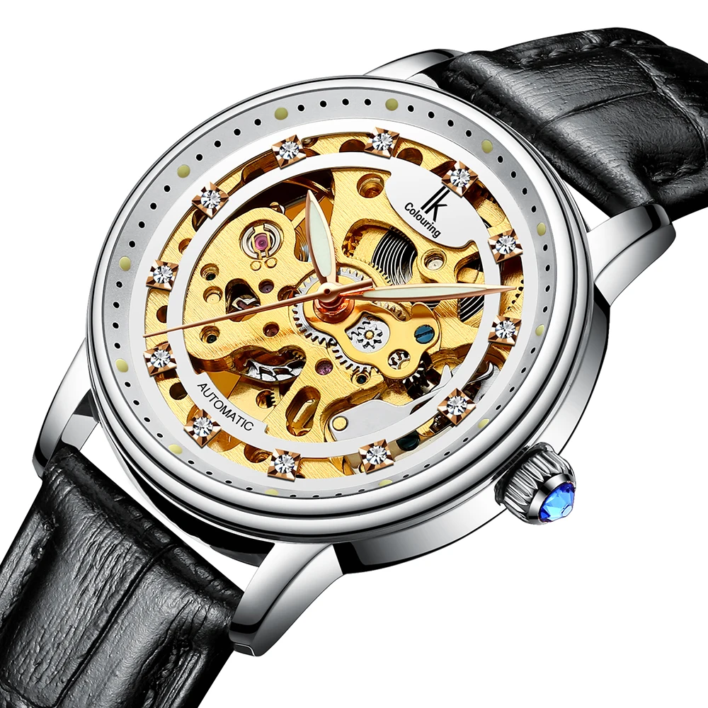 IK coloring Reloj Mujer Розовое Золото Скелет автоматические механические Роскошные Кристальные кожаный ремешок женские наручные часы