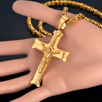 stainless steel big jesus cross pendant with long chain mens gold color crucifix necklaces male religious jewelry dropshipping