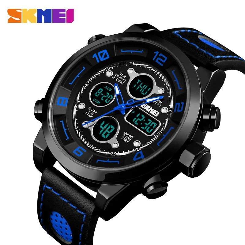 SKMEI Men Sports Digital Countdown Fitness Watch Three Time Chronograph Stopwatch Dial Clock Electronic Men Relogio Masculino - Цвет: Blue Watch