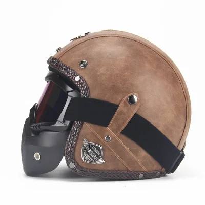 WINTUWAY PU Leather Helmets 3/4 Motorcycle Chopper Bike Helmet Open Face Vintage With Goggle Mask | Автомобили и мотоциклы