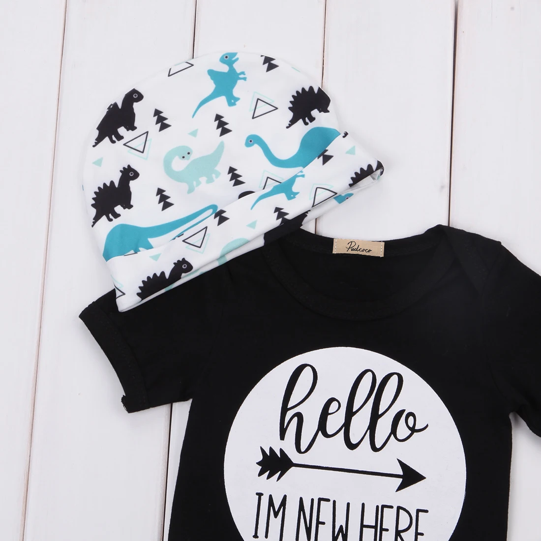 Casual Letter Short Sleeve Bodysuit and Dinosaur Pattern Pants with Hat For Baby Boy |