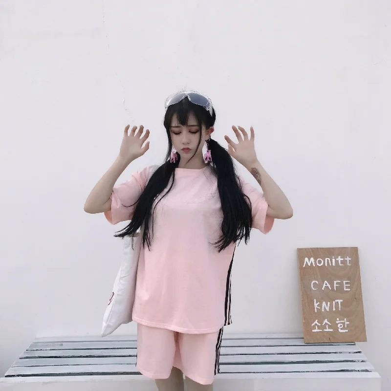 Полосатый сплошной Цвет спортивный костюм Для женщин 2018 Harajuku футболка с