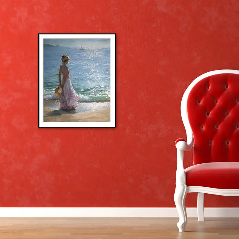Летняя живопись масляными красками море пляж Красота Девушка Печать холст
