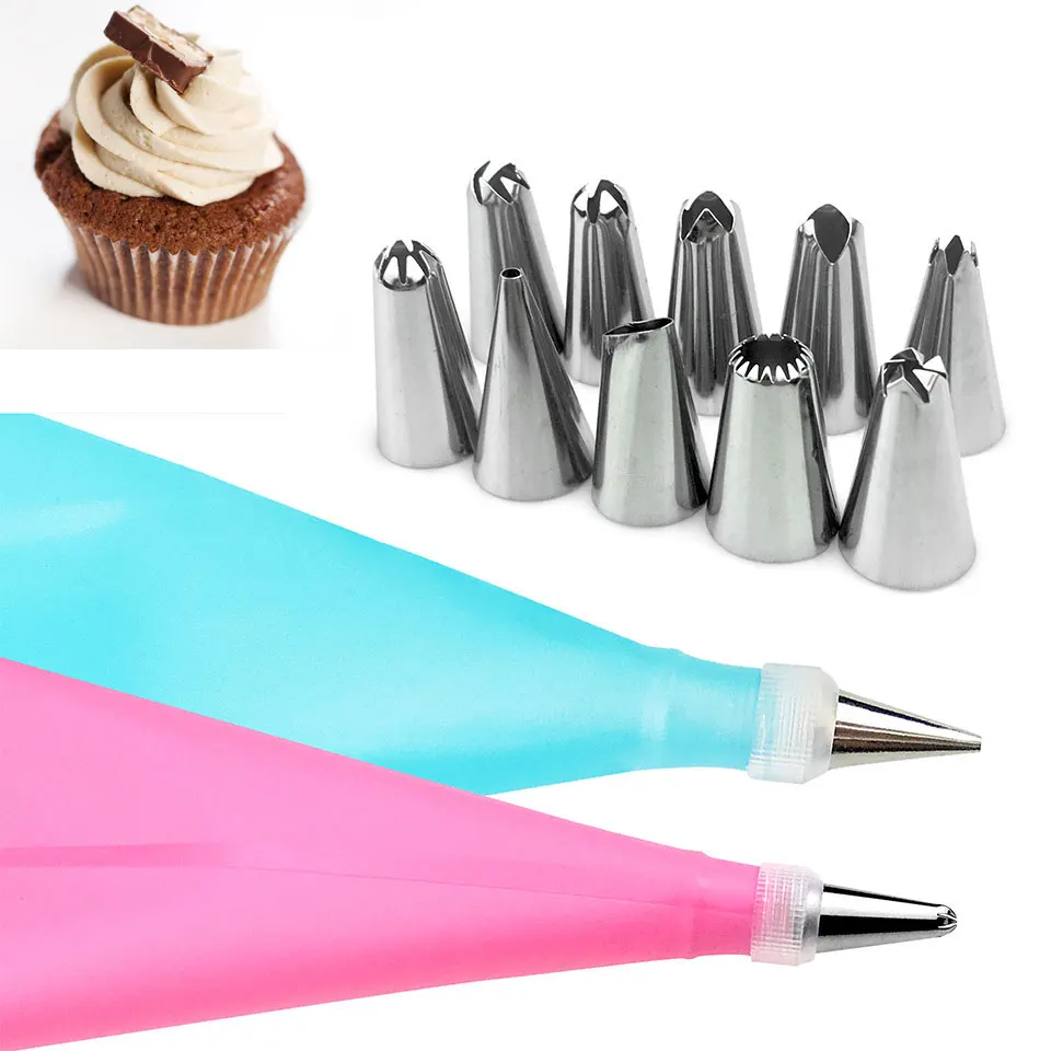

12pcs/Sets Cooking Bag + Piping Nozzles Stainless Steel Cake Decorating Tips Set Confectionery Pastry Cream Baking DIY Tools New