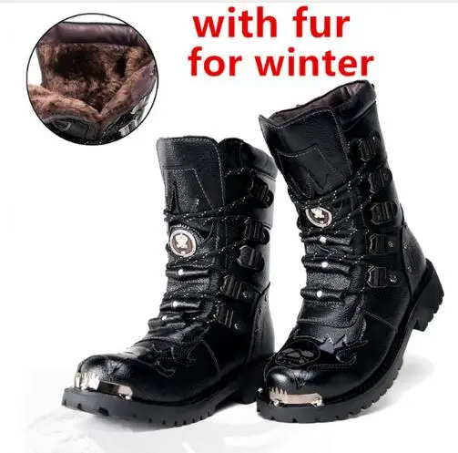 black with fur Мужские военные ботинки из натуральной кожи; ботинки в готическом стиле панк с металлическими элементами; Мужская обувь; рыцарские ботинки; черные армейские ботинки для пустыни; мужские тактические ботинки - Цвет: black with fur
