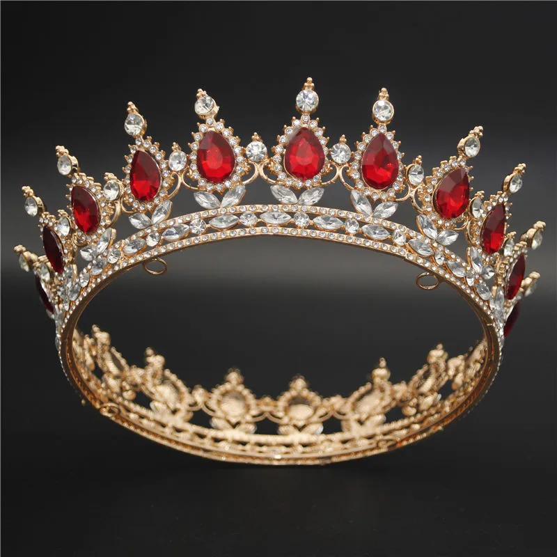 Gold Red Трендовая Великолепная большая диадема 14 см в стиле барокко с кристаллами, королевская диадема, свадебная диадема, украшение для волос, свадебный головной убор - Окраска металла: Gold Red