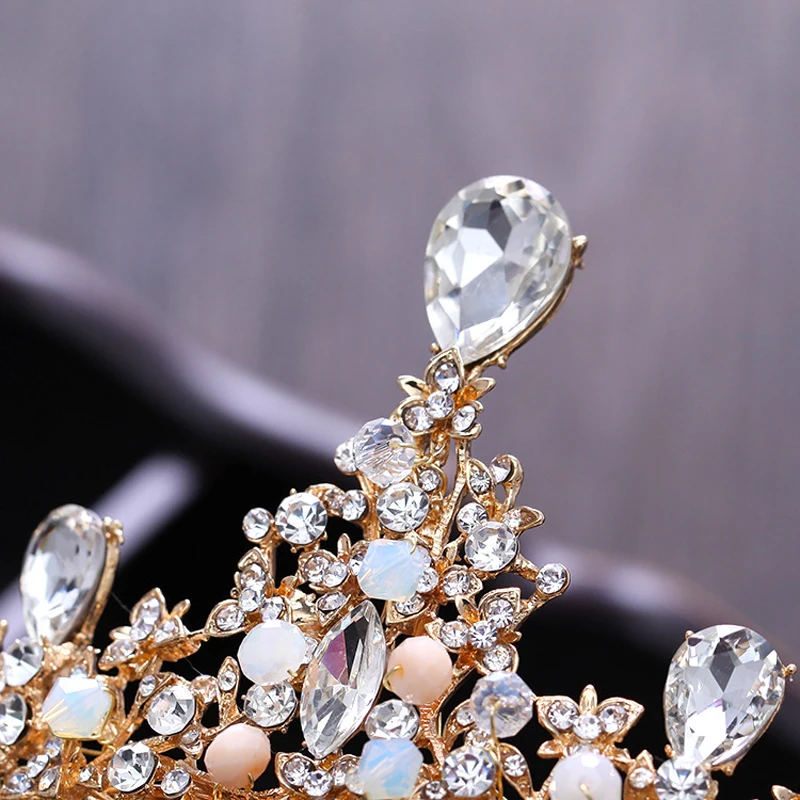 

New Style Fashion Gold Crystal Wedding Crown Tiara Hair Jewelry Round Rhinestone Pink Beads Bridal Headpieces Hair Accessories