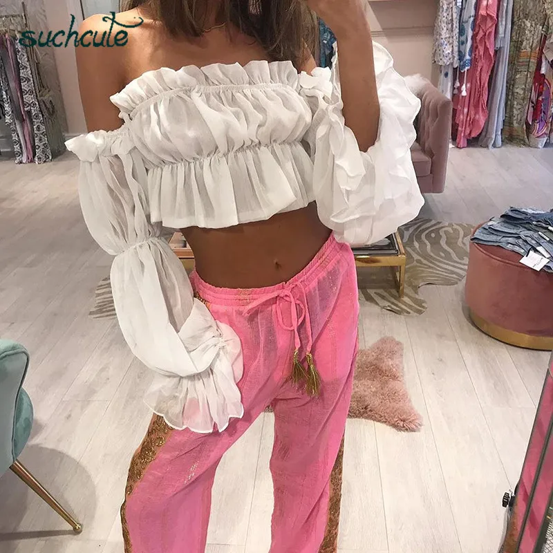 SUCHCUTE блузка Для женщин на одно плечо, длинное платье с длинным рукавом, с кружевами, лентами и топы женские летние корейский стиль Modis Харадзюку Готический Haut Femme