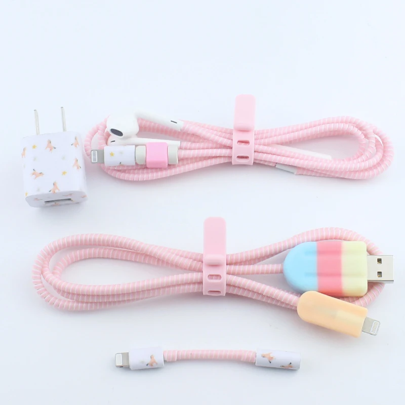 Мороженое милый мультфильм USB кабель наушники протектор набор с кабелем Стикеры для намотки Спиральный шнур протектор для iphone