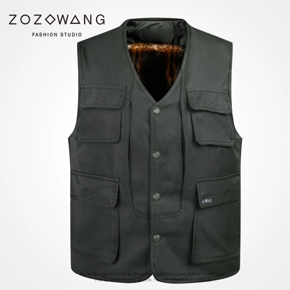 

Zozowang 2019 new solid casual v neck single breasted multiple pockets winter vest men fashion keep warm brushed waist coat men