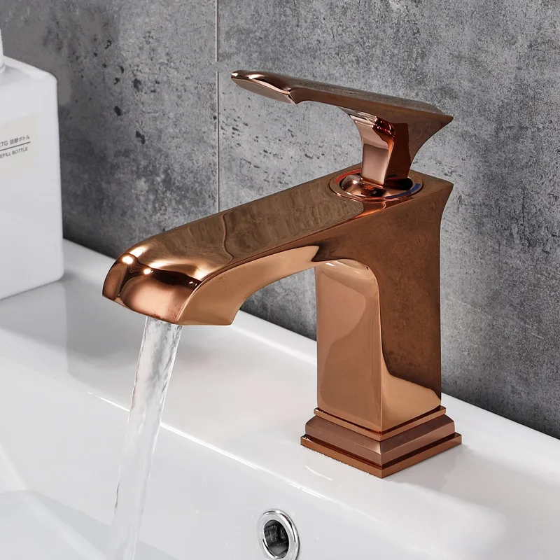 

Rose Gold square bathroom basin vessel sink faucet mixer tap deck mounted Single Hole Modern New wash basin tap