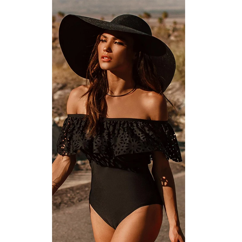 2017 черный кружевной купальник с оборками и открытыми плечами женский