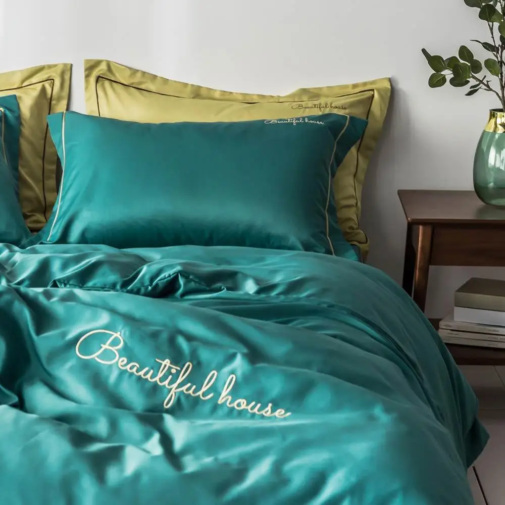 2019 модное однотонное темно зеленое постельное белье с вышивкой Комплект