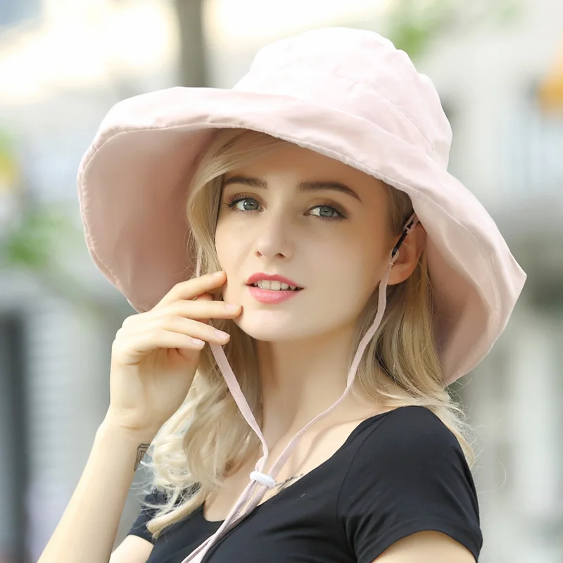 Wide Brim Sunscreen Fisherman Bucket Hat Girl Summer Beach Hats Folding Anti-UV Visor Fisher Cap Female Pure Color Caps H6697