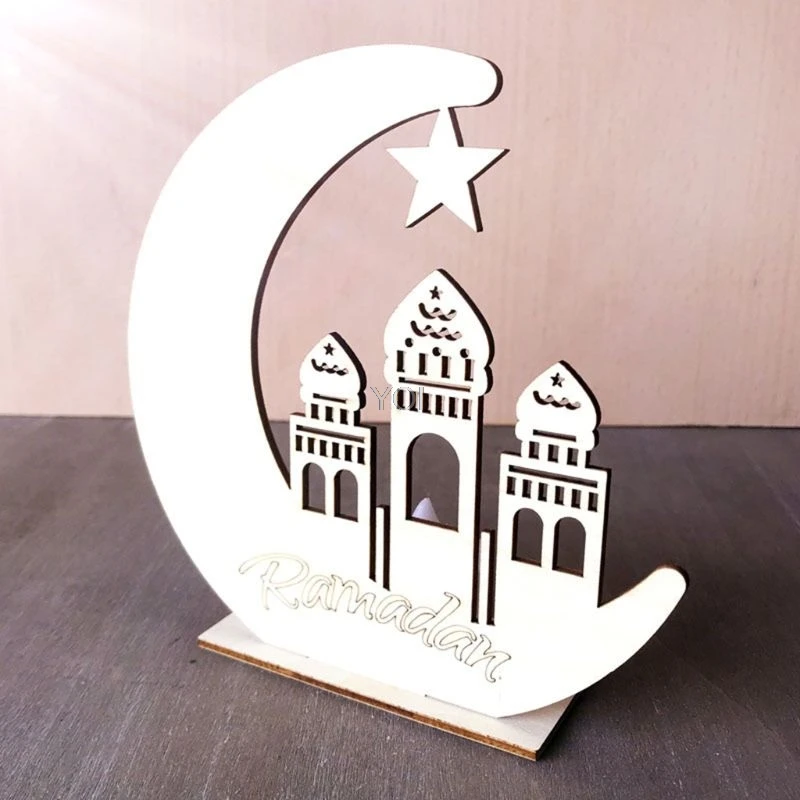 

Wooden Ramadan Eid Mubarak Moon Star Islam Hanging Pendant Plate With LED Light Ornament Home Decor DIY Gift