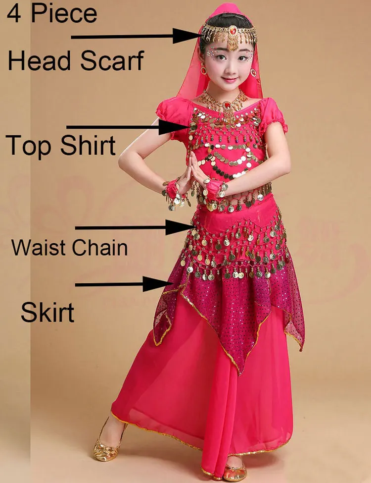 Hot Pink 4 Piece Детский костюм для танца живота, детское платье для индийского танца, Детские Танцевальные Костюмы Болливуда для девочек, одежда для выступлений, 6 цветов - Цвет: Hot Pink 4 Piece