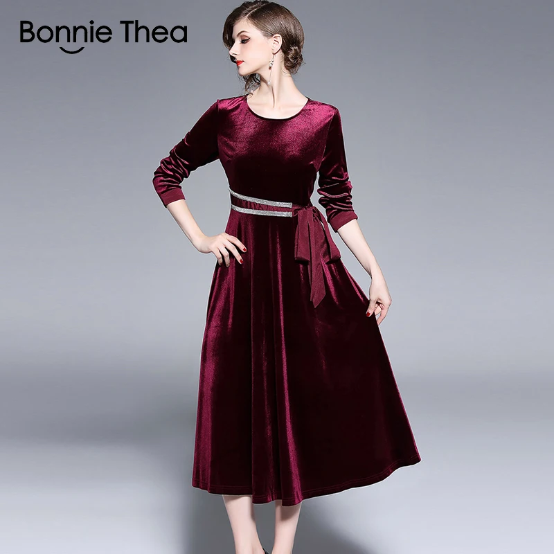 Bonnie Thea женское красное бархатное вечернее платье для вечеринки осеннее