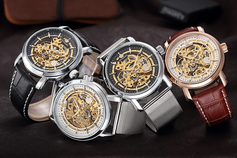 

MG. ORKINA Mens Watch Big Case Skeleton Mechanical Male Clock Stainless Steel Mesh Band Erkek Kol Saati Automatic Wristwatches