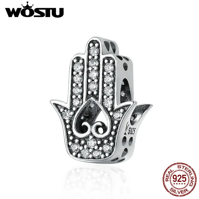WOSTU подлинное серебро 925 пробы удача рука Фатимы амулеты подходят для женщин
