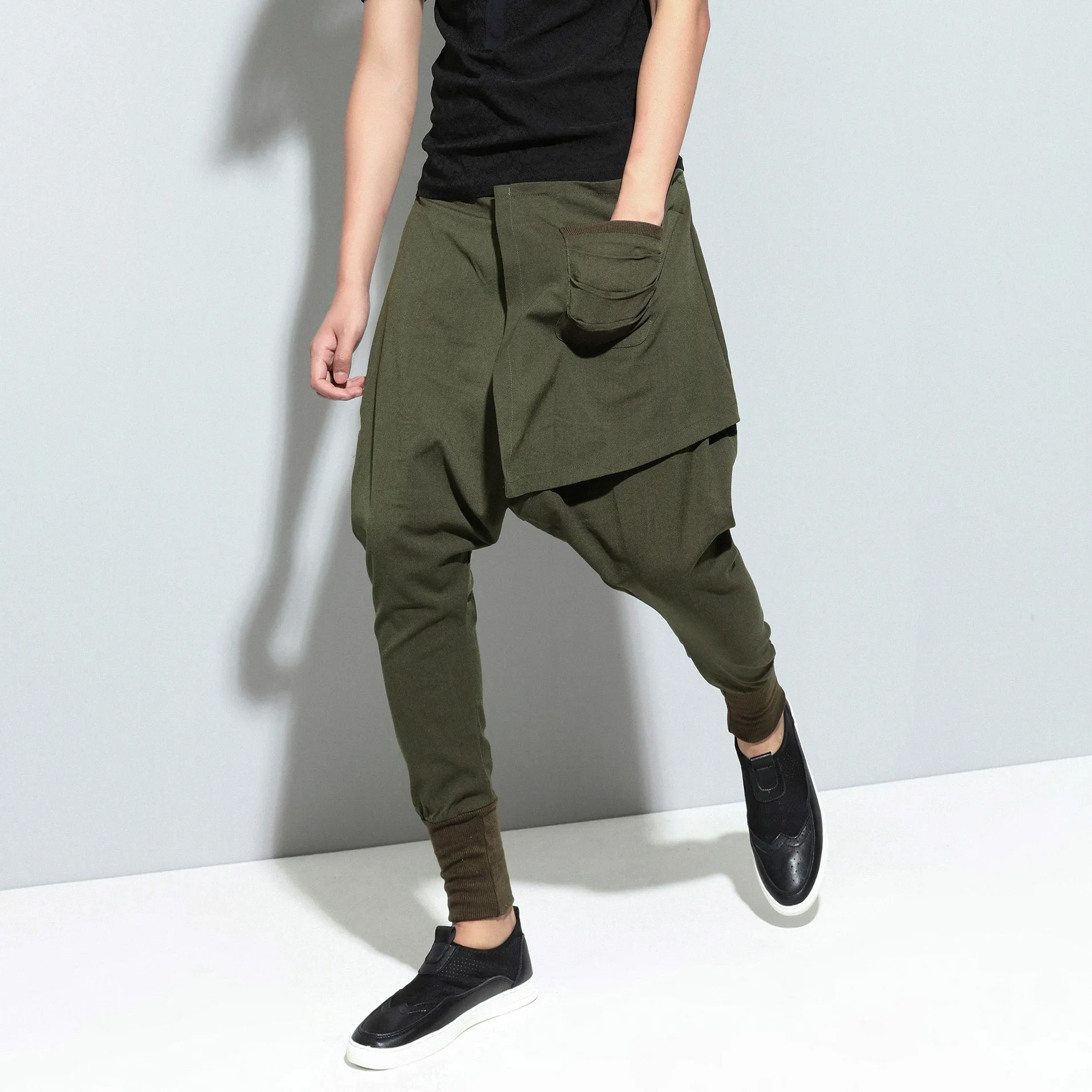 Хип-хоп сплошной цвет свободные кросс-брюки мужские повседневные