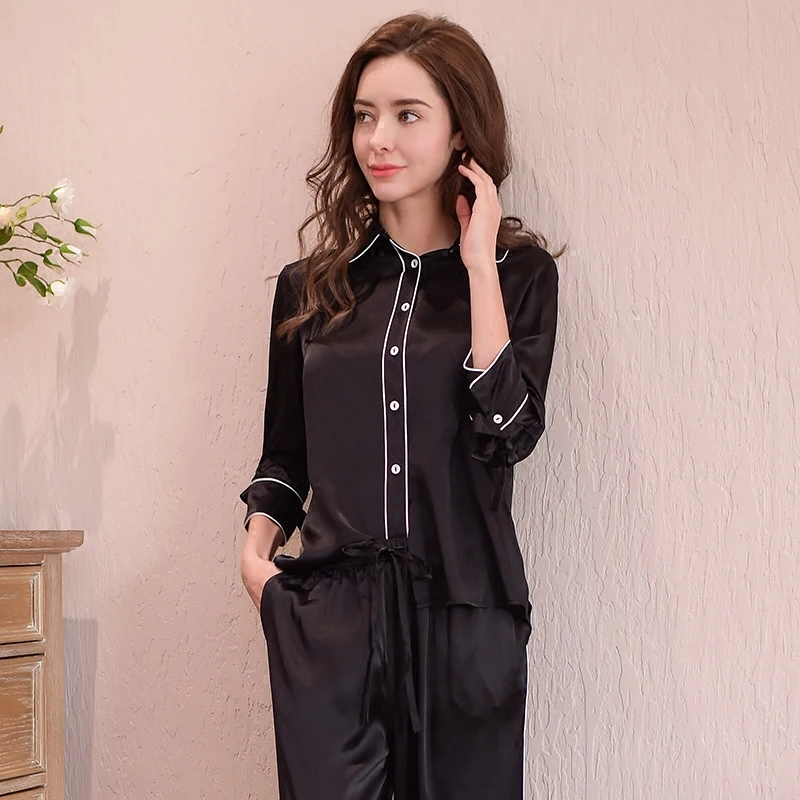 Genuine Silk Women's Pajamas 100% Silk Sleepwear Female High Quality Sexy Black Pyjama Pants Two-Piece Sets T8148