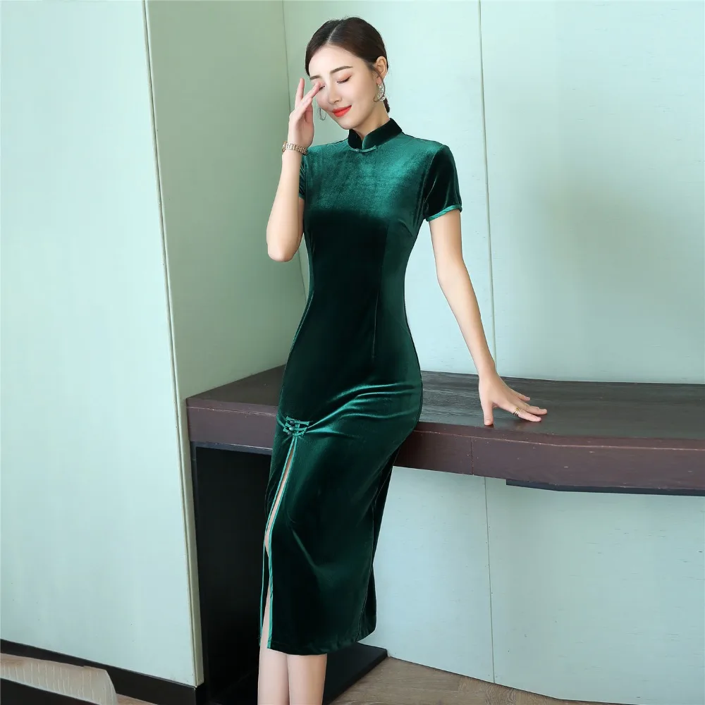 Китайское традиционное длинное платье Чонсам с коротким рукавом из бархата Qipao, китайское женское платье, 4 цвета