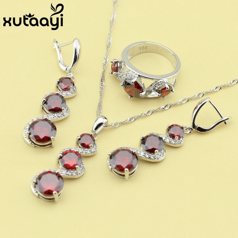 Fashion Women Wonderful Jewelry Sets  Silver Distinctive Synthetic Red Garnet Earring Ring Necklace Pendant Free Gift Box