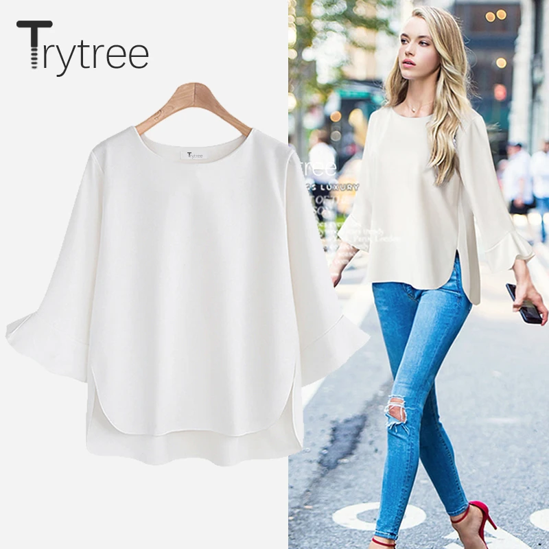 Женская шифоновая блузка Trytree повседневная хлопковая рубашка с круглым вырезом
