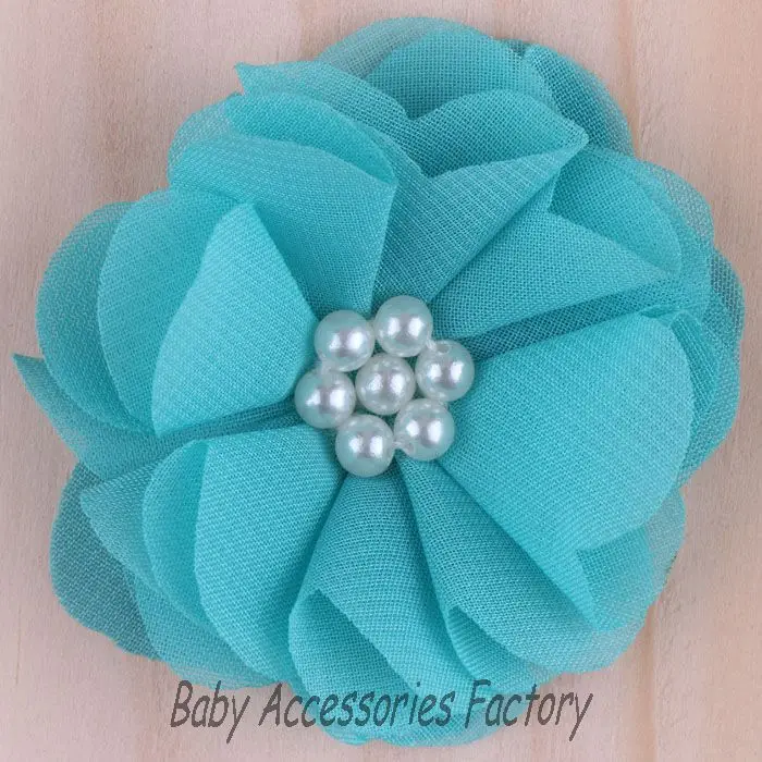 (120 шт./лот) Модные шифоновые цветы из ткани с шикарным жемчужным центром для детей